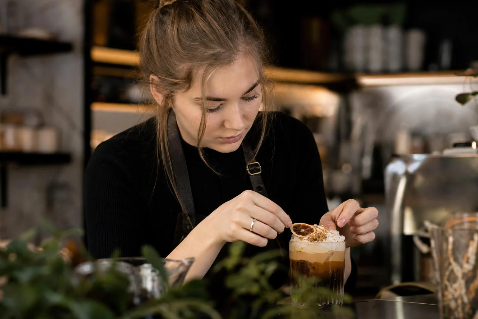 Barmen priprema specijalni napitak u kafiću, s raznim bocama i svježim sastojcima na šanku